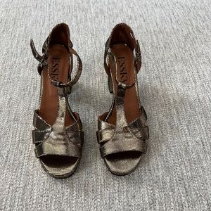 New Anthropologie Esska Charlie Gold Onyx Leather Heeled Sandals-Size 40(9-9.5)